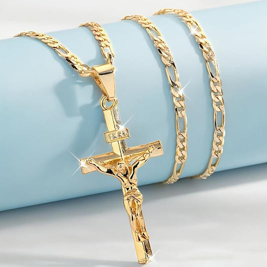 🔥 ¡50% DE DESCUENTO! ⏰ Collar con colgante de crucifijo tono dorado – Diseño detallado INRI, cadena Figaro ajustable y joya religiosa para el día a día ✝️✨